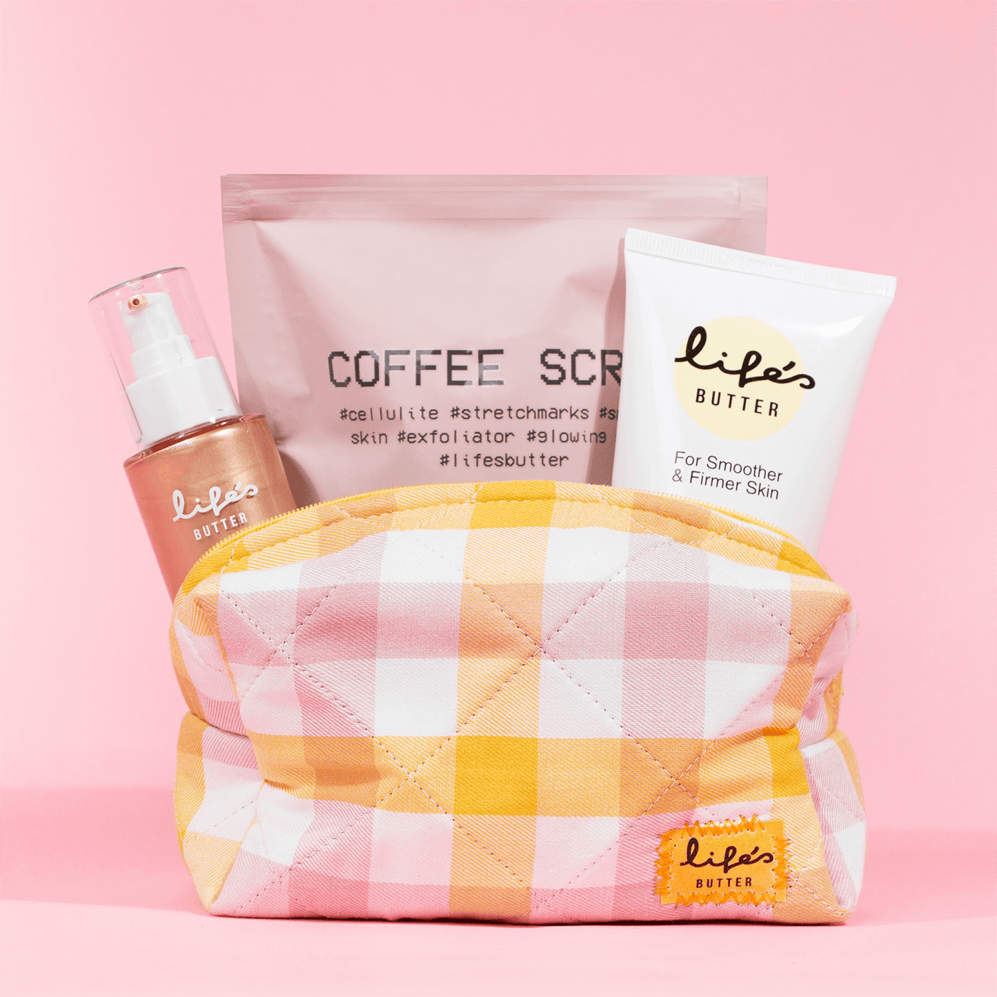 Life's Butter Bundle Pouch with Coffee Scrub, Life's Butter Cream and Body Shimmer